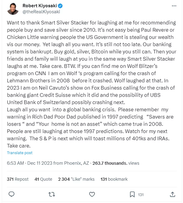 Robert Kiyosaki na Twitteri varuje pred krachom indexu S&P - 11. december 2023.
