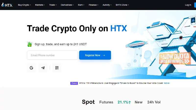 HTX Kryptoburza s nízkymi poplatkami.