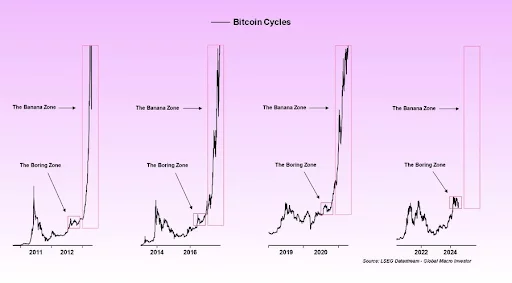 Graf cyklu Bitcoinu od roku 2011 do roku 2024