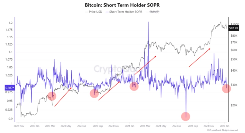Bitcoinový graf krátkodobého držiteľa SOPR s trendmi