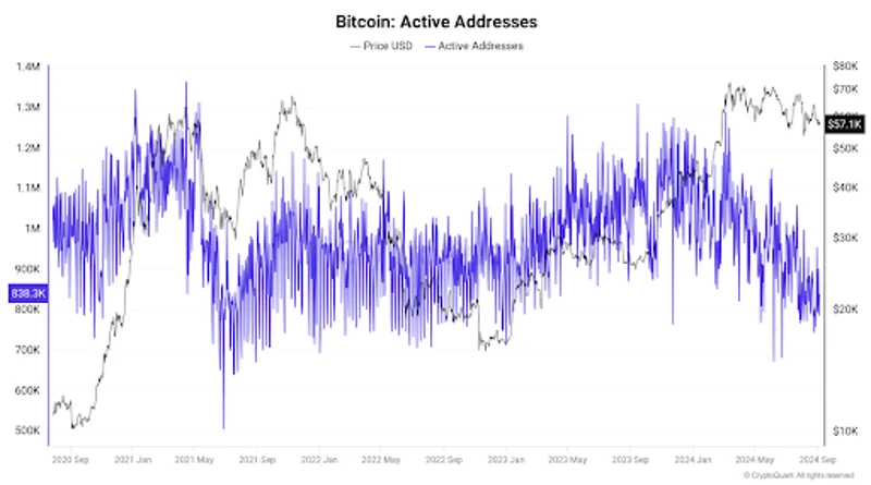 Graf aktívnych adries Bitcoinu s prekrývaním cien, ukazujúci nestabilné trendy aktivity siete medzi rokmi 2020 a 2024.